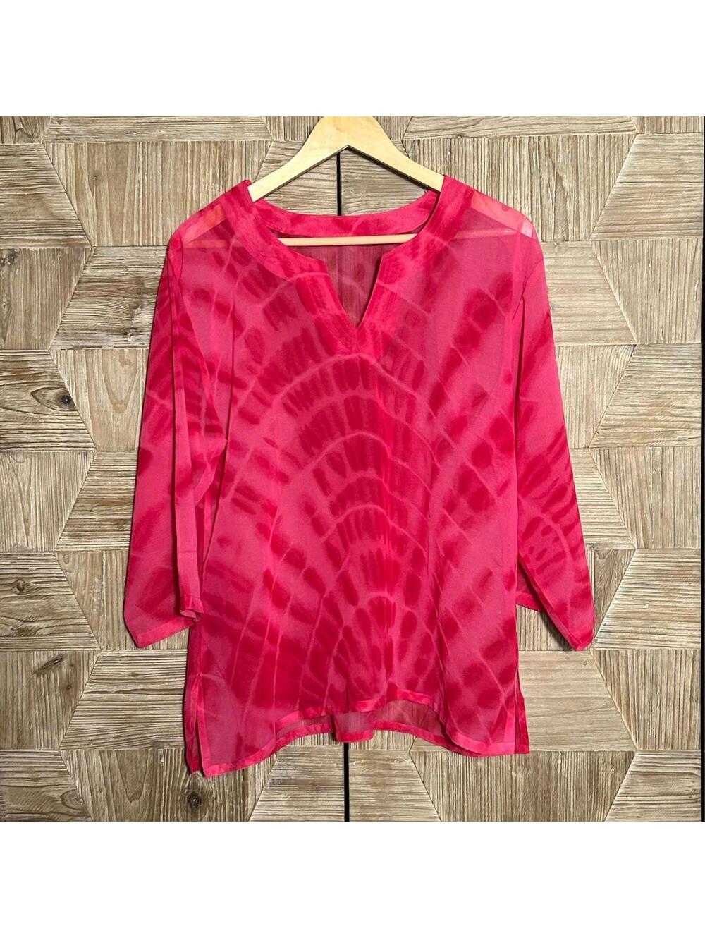 Womens Hot Pink Barbiecore Tie Dye Sheer V-Neck Blouse Small Pullover Coastal - Picture 1 of 3